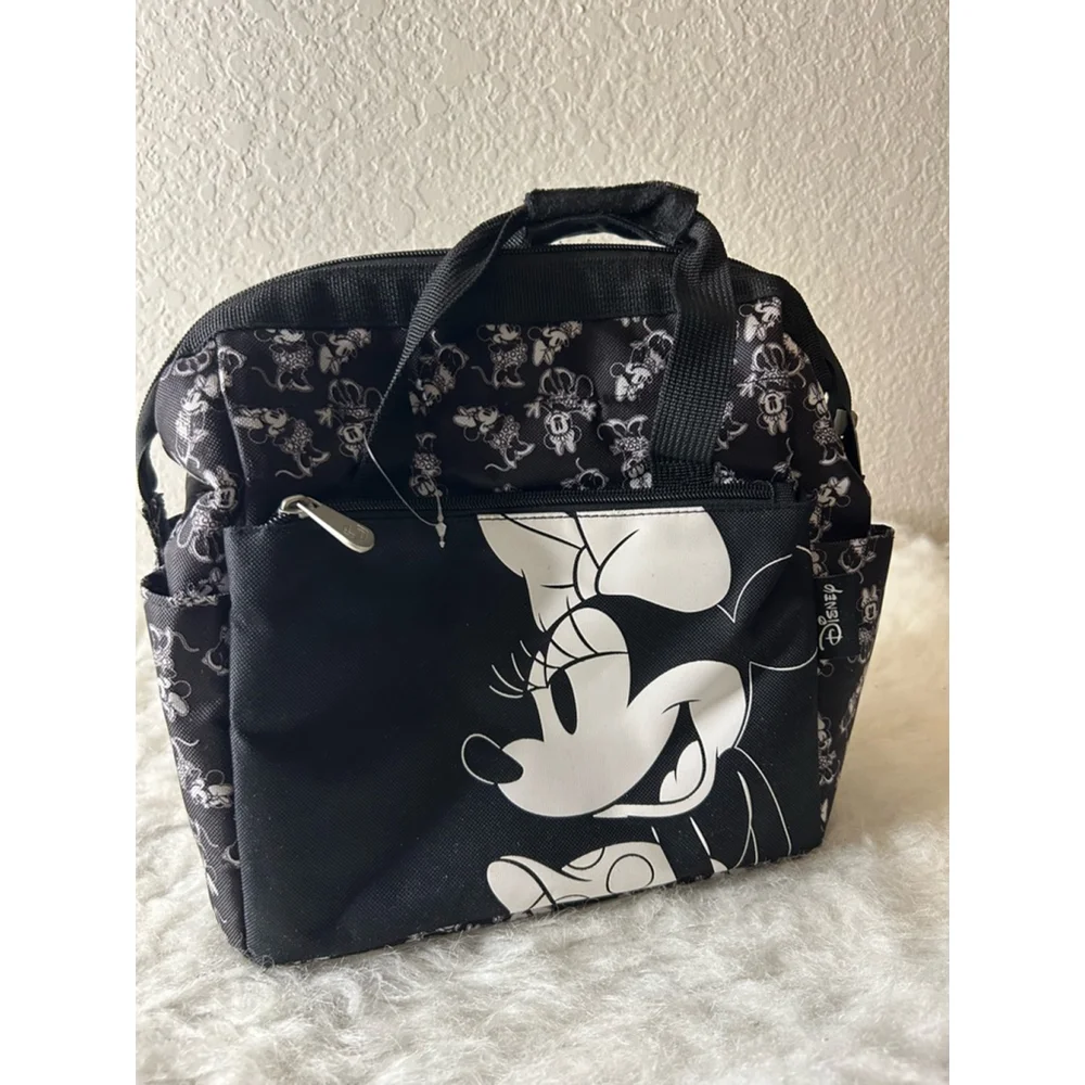 DISNEY MINNIE MOUSE BLACK+WHITE, TWO ZIPPERS, INSULATED NYLON LUNCH COOLER